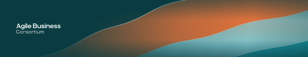 Agile Business Consortium logo on abstract teal and orange flowing bands