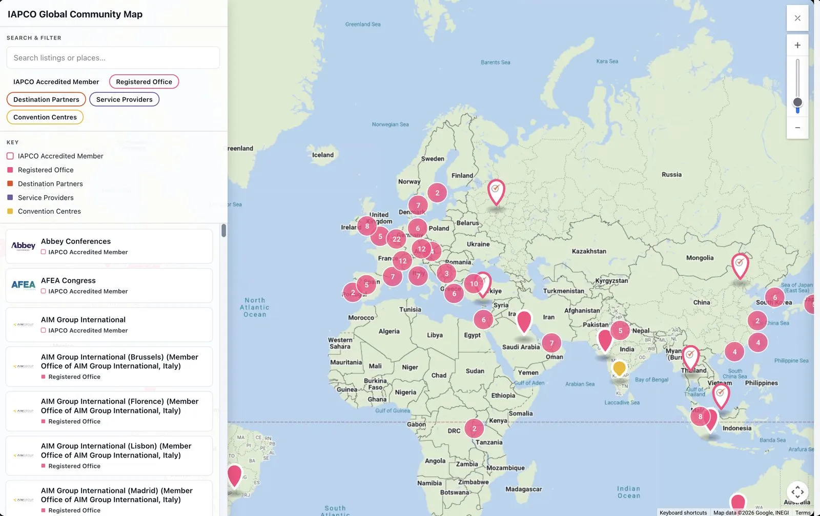 IAPCO Global Community Map: a searchable list of members and partners beside a world map of their locations, with filters by listing type
