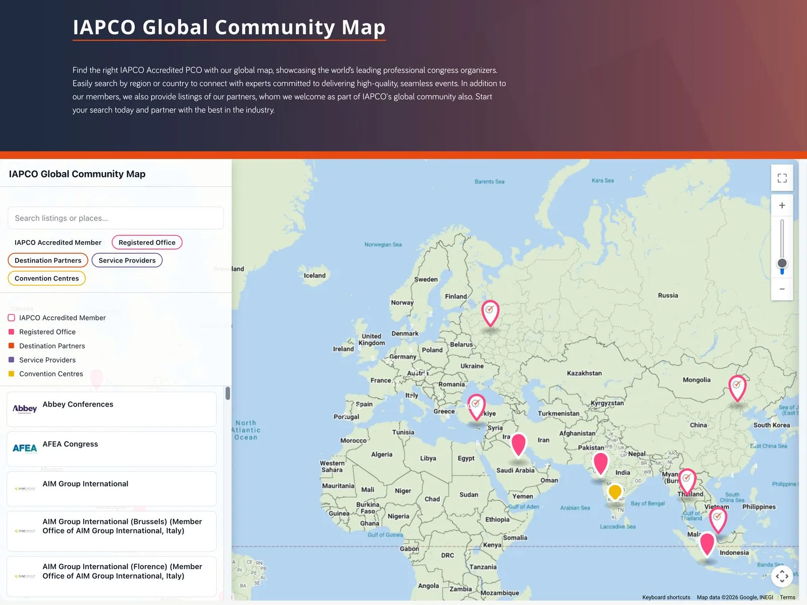 The IAPCO Global Community Map embedded on the IAPCO website, under the site's own page header, with search, filters and a key beside the map
