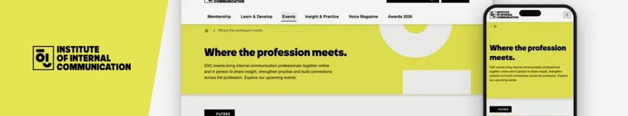 Institute of Internal Communication logo beside the redesigned IoIC events page on desktop and mobile