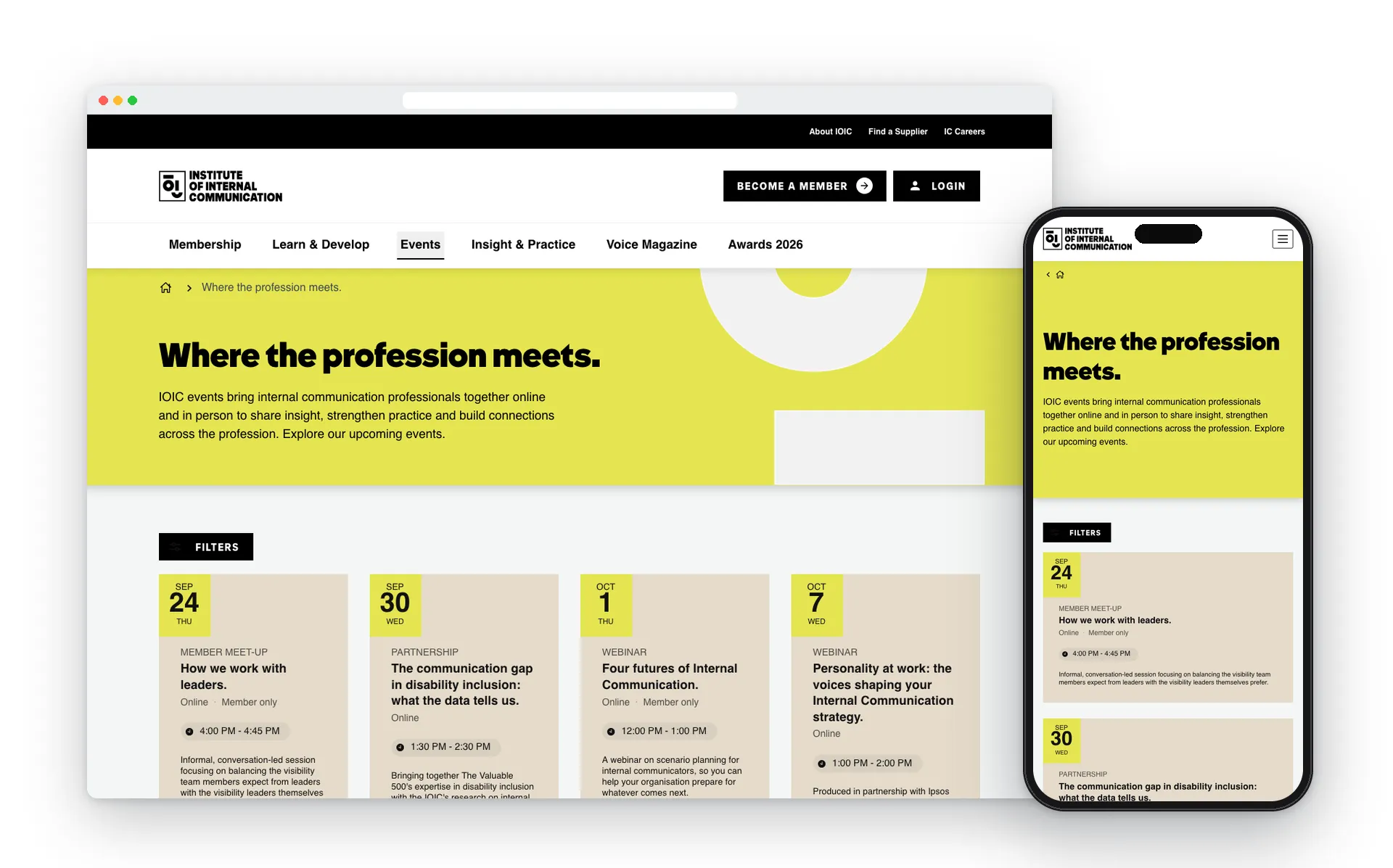 IoIC events page, rebuilt on desktop and mobile
