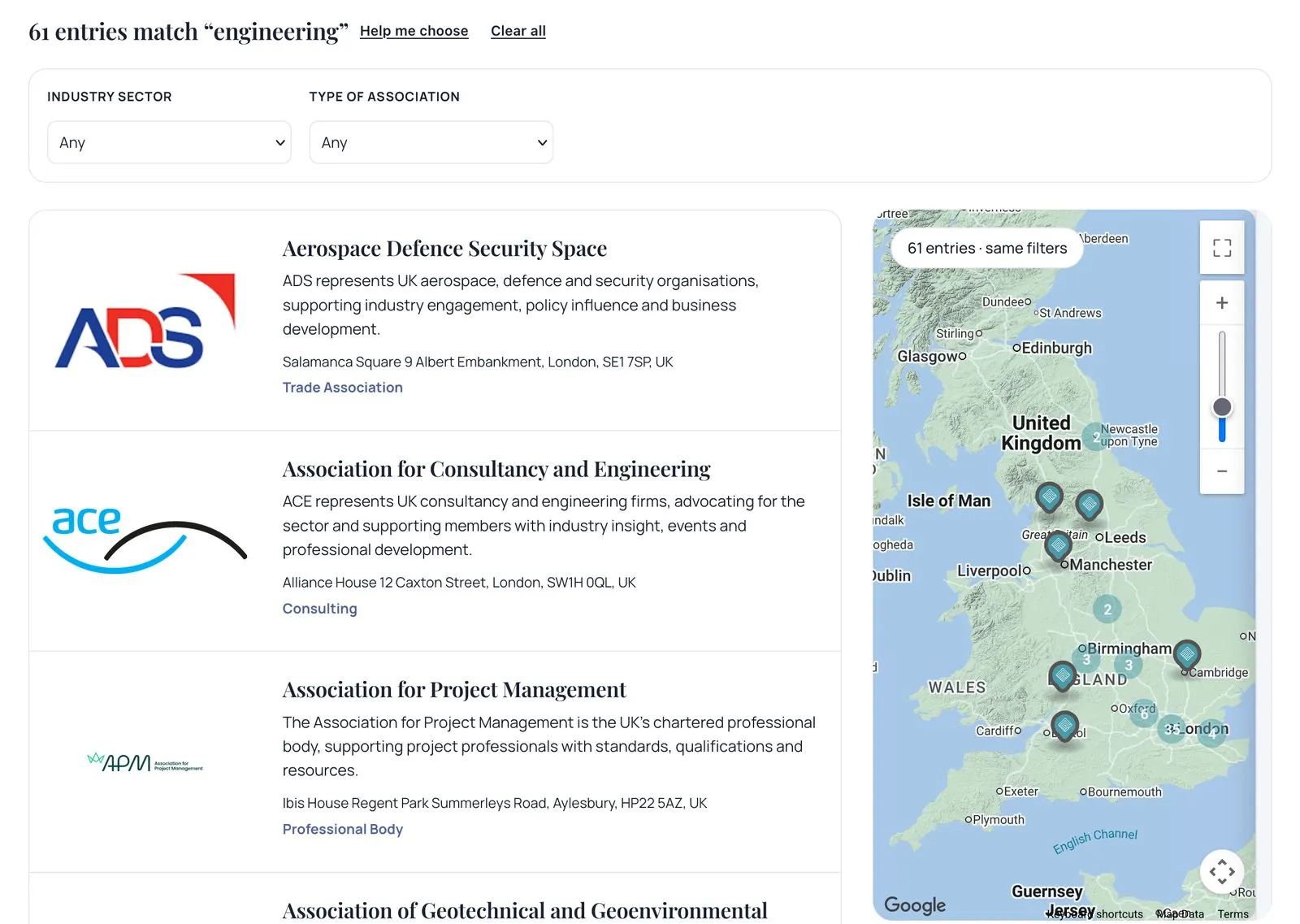 UK Associations Directory search results for engineering: 61 matching entries with sector and type filters, listing cards and a map of their locations