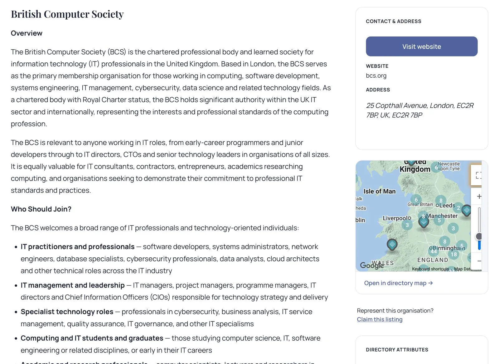 A UK Associations Directory listing for the British Computer Society: an overview of who should join, contact details, a website link and a map of nearby listings